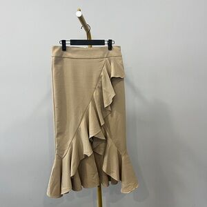 Women's Beige Flare Midi Skirt Ruffle Hem Zip Size 4
